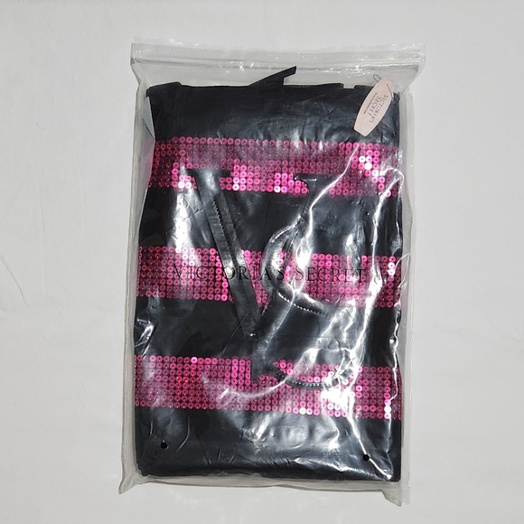 NWT Victoria's Secret Sequin Pink Black Stripes Large Bling Tote Bag - Picture 5 of 5